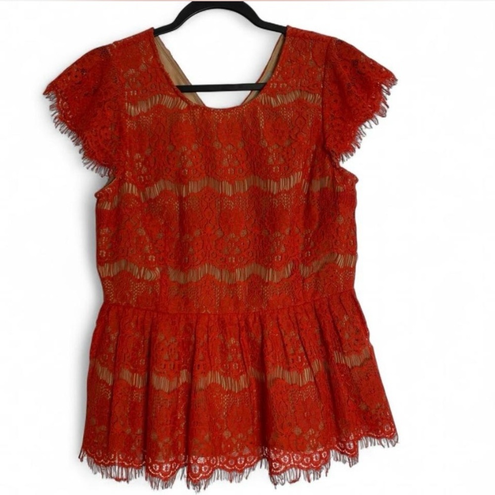 Maeve Anthropologie Red Lace Peplum Top Eyelash Lace Sheer Sleeve Medium